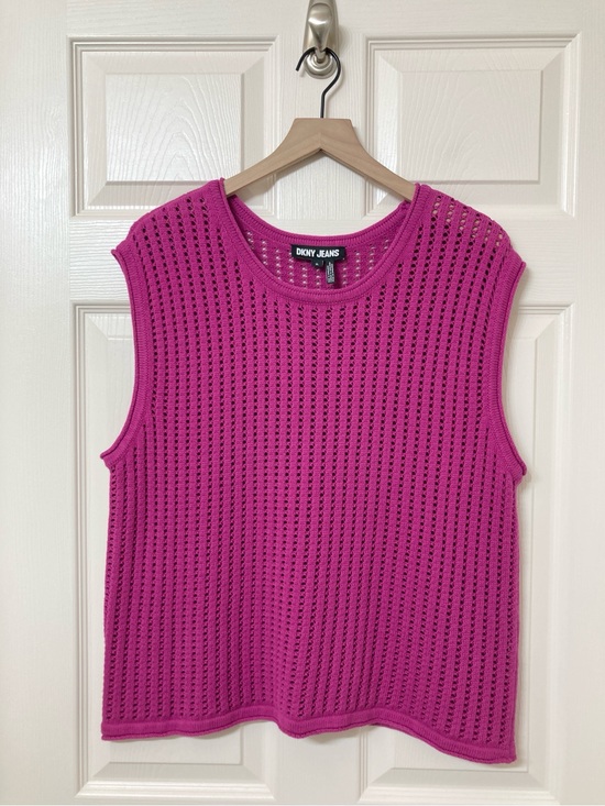 Dkny Tops - DKNY Women's Pink Open Knit Crochet Sleeveless Sweater Top XL Retro Y2K Pop Punk